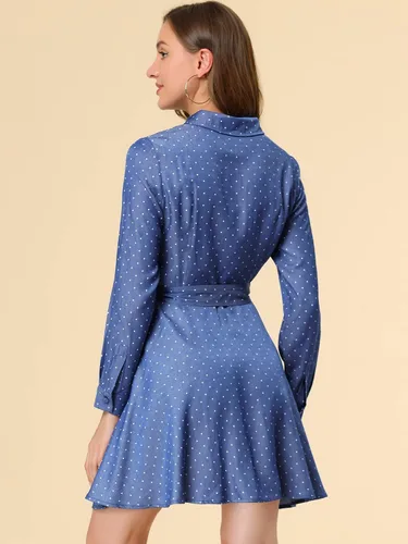 Vista 4 de Allegra K Vestido camisero con cinturón de lunares y manga larga con botones para mujer