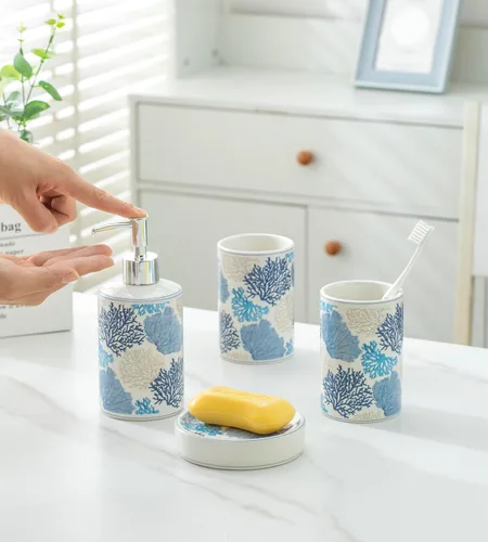 Vista 3 de Juego de accesorios de baño de coral azul, porcelana, decoración de baño costero, dispensador de jabón, soporte para cepillo de dientes, bandeja