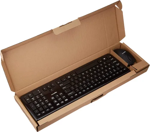 Vista 4 de Amazon Basics - Paquete de teclado y mouse con cable, tamaño completo, diseño QWERTY, negro