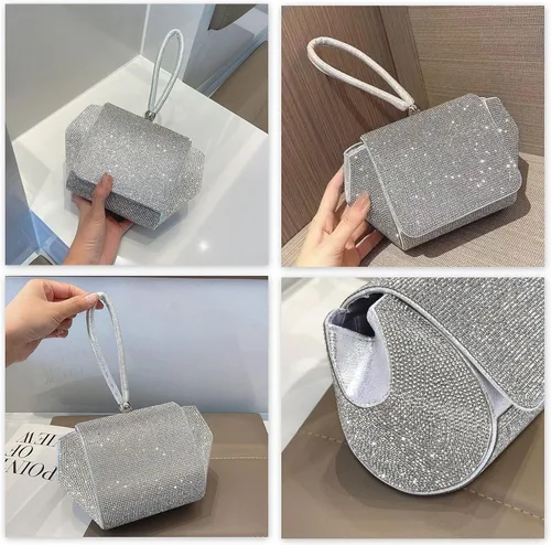 Vista 4 de Monedero plateado con diamantes de imitación, bolso de noche brillante para mujer, bolso de mano plateado para mujer, bolso Hobo con purpurina