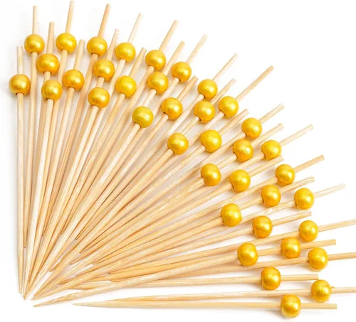 Vista 8 de PuTwo palillos de cóctel hechos a mano 300 unidades palillos de cóctel de bambú natural con cuentas cúbicas en los extremos, ecológicos, pinchos