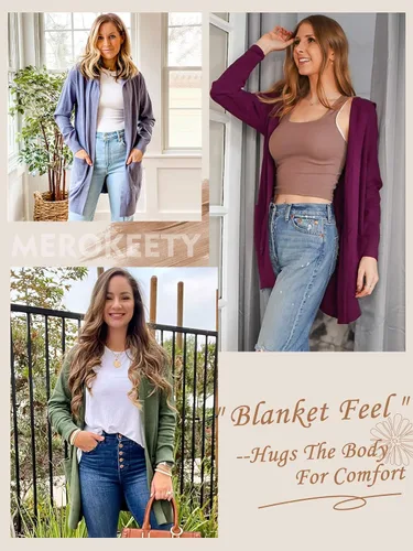 Vista 6 de MEROKEETY - Cárdigan de punto con capucha para mujer diseño de manga larga y parte delantera abierta