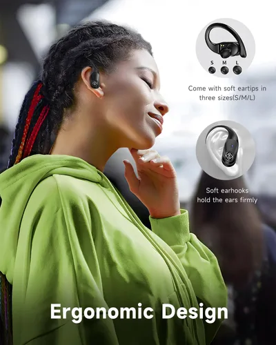 Vista 5 de Auriculares inalámbricos Bluetooth 96H Playtime Pantalla LED impermeable Micrófono integrado Sonido de graves profundos seguros sobre los oídos