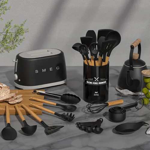 Vista 2 de Umite Chef Juego de utensilios de cocina, 33 piezas de espátulas de cocina de silicona antiadherentes con soporte, mango de madera juego de Negro