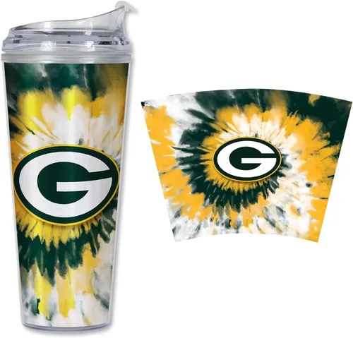Vista 57 de Rico Industries NFL Football Glitter 24 onzas Vaso de purpurina acrílico con tapa con bisagra, Vaso de doble pared oficialmente licenciado con pajita