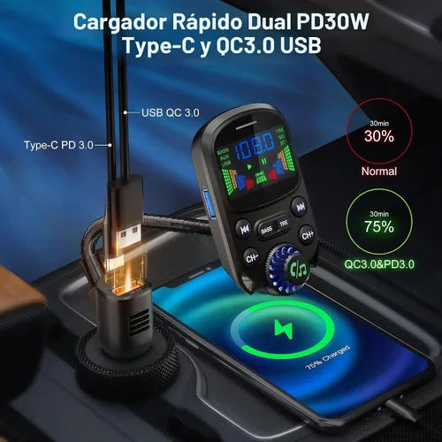 Vista 3 de Transmisor FM Bluetooth 5.3 para coche SOARUN Adaptador Bluetooth para automóvil PD30W y puerto USB, carga rápida, reproductor de agudos y graves