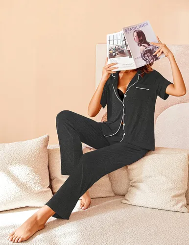 Vista 3 de Avidlove - Conjunto de pijama para mujer, ropa de dormir suave con solapa de muesca, manga corta, botones y pantalones largos