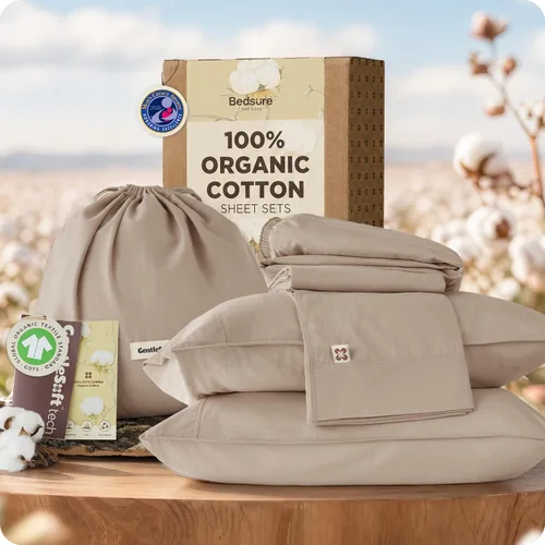 Vista 14 de Bedsure PureWoven - Sábanas de algodón orgánico 100% certificado GOTS, sábanas de tamaño matrimonial, sábanas de bolsillo profundo de 16 pulgadas