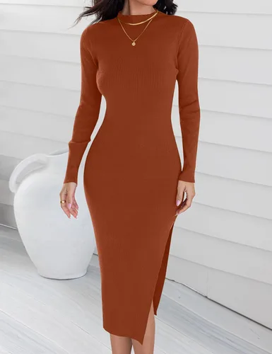 Vista 2 de ZESICA Vestido de punto acanalado 2024 para mujer, manga larga, cuello alto, ajustado, abertura lateral, elegante vestido tipo suéter para otoño