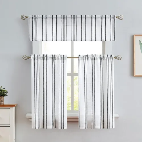 Vista 6 de SXZJTEX Cortinas de cocina para cafetería, cortinas traslúcidas a rayas negras, patrón de rayas finas, estilo rústico, cortinas cortas para baño