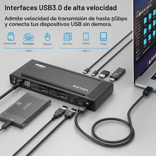 Vista 5 de WAVLINK Estación de acoplamiento universal USB C para laptop, monitores duales 5K/4K a 60Hz con carga de host de 65 W para Thunderbolt 4/3, USB-C