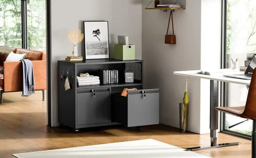 Vista 2 de Archivador de metal con 2 cajones con cerradura, gabinete archivador con soporte para impresora móvil y estantes para archivos de tamaño Negro