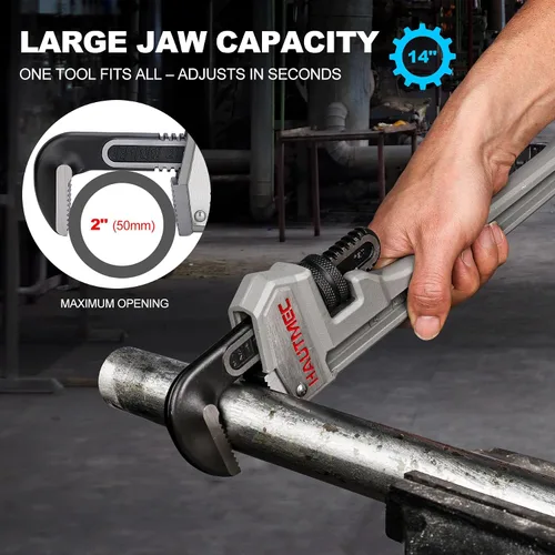 Vista 5 de HAUTMEC Llave de tubo recta de aluminio de 14 pulgadas, llave de fontanería ajustable, capacidad de mandíbula de 2 pulgadas, llave de tubería