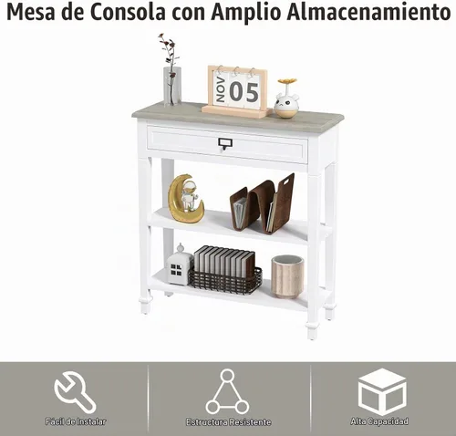 Vista 7 de kinbor Accent - Mesa consola blanca con cajón y estante, mesa de sofá de madera con almacenamiento para entrada, pasillo, sala de estar