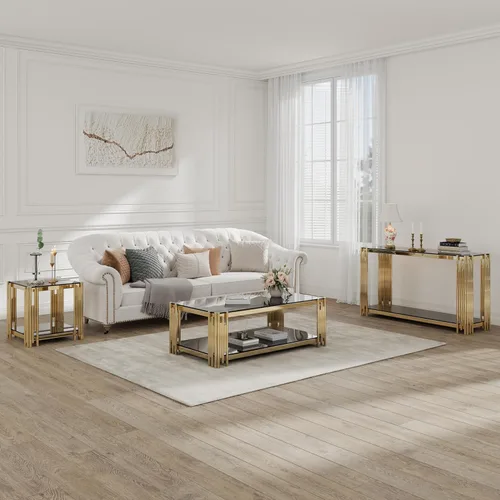 Vista 6 de Luxrious - Mesa consola de cristal con marco de acero inoxidable dorado, modernas mesas de pasillo estrechas con estante de cristal, mesa de entrada