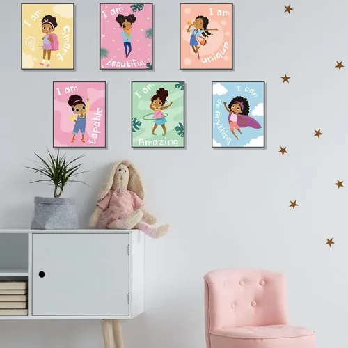Vista 6 de Outus 9 piezas de decoración de pared de niña negra para habitación de niñas, cita inspiradora, arte de pared afroamericano, decoración de pared