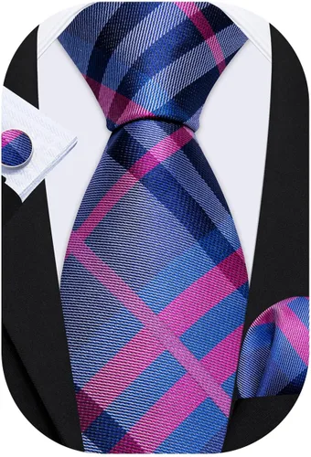 Vista 23 de Barry.Wang Juego de corbatas a cuadros para hombre con pañuelo gemelos de rayas clásicas