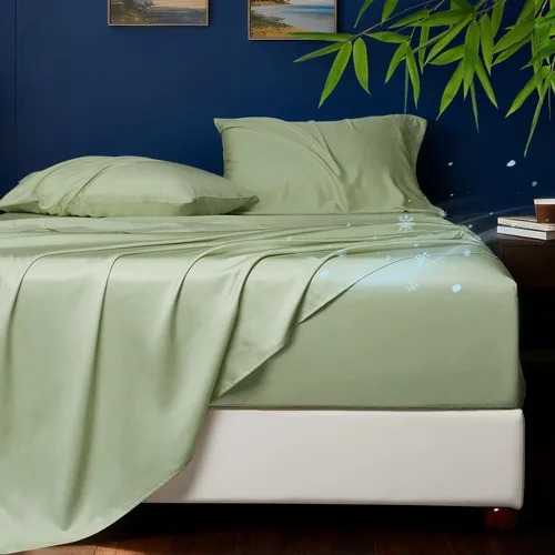 Vista 15 de HYPREST Sábanas refrescantes tamaño Queen – Rayón derivado de bambú, seda suave y transpirable, juego de sábanas de lujo que no sudan, sábanas Beige