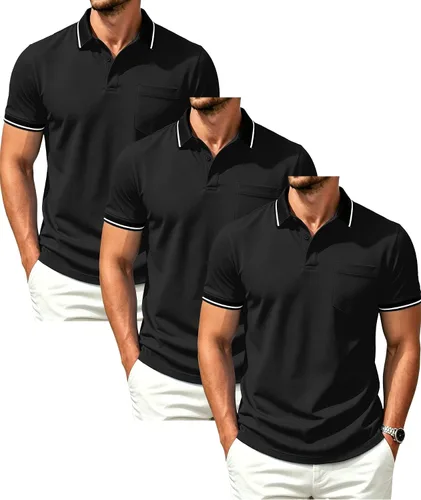 Vista 24 de GEEK LIGHTING Paquete de 3 camisas polo de manga corta con bolsillo para Negro Gris Armygreen
