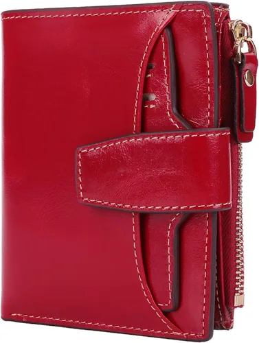 Vista 6 de AINIMOER - Cartera de piel con bloqueo RFID para mujer, tamaño pequeño, compacta, doble zíper, con ventana para identificación