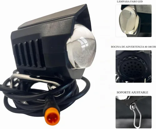 Vista 4 de Faro plegable para bicicleta eléctrica de montaña, conector macho de 3 pines, luz delantera de bicicleta de 36 V a 48 V, con 80-100 db, faros