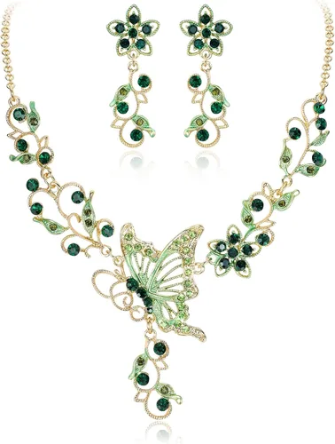 Vista 13 de EleQueen Conjunto de collar y pendientes de mariposa, flor y hoja de cristal austriaco para mujer Negro