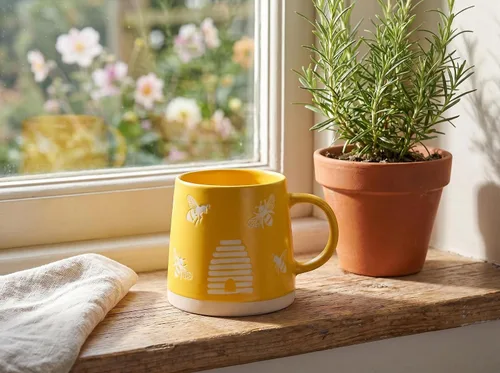 Vista 3 de Abbott Collection Taza de Base Ancha con Abejas - Gres, Amarillo/Marfil, 3.5 Pulgadas de Alto (14 Onzas)