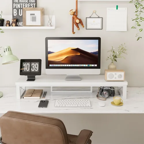 Vista 3 de IBUYKE Soporte elevador grande para monitor doble para 2 monitores, soporte de madera para monitor de computadora de escritorio, estante de Blanco
