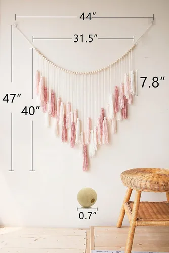 Vista 6 de Decocove Colgante de pared de macramé, grande con cuentas de madera, decoración bohemia para dormitorio, sala de estar y cocina, rosa rubor cálido