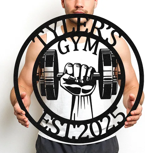 Vista 15 de Cartel de metal personalizado para gimnasio con nombre, arte de pared para sala de entrenamiento en casa, garaje, espacio de fitness, decoración