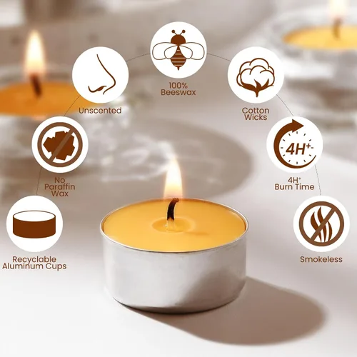 Vista 3 de Paquete de 9 velas de cera de abeja pura en vasos de aluminio, 4-5 horas de tiempo de combustión, mecha de algodón sin plomo, velas naturales sin