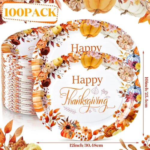 Vista 3 de Umigy 100 platos de papel ovalados de Acción de Gracias de 10 x 12 pulgadas, platos desechables grandes ovalados de otoño, flores, calabaza, feliz