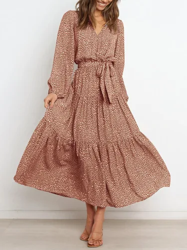 Vista 2 de PRETTYGARDEN - Vestido largo para mujer, de manga larga, cuello en V, estampado de leopardo, volantes, lazo en la cintura, estilo bohemio, de gasa