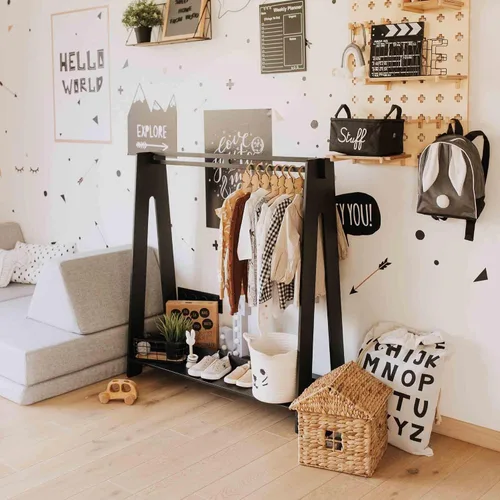 Vista 4 de Sweet Home from wood Armario infantil – Perchero de madera con riel colgante y estante de exhibición para niños – Muebles de tocador DIY (negro)