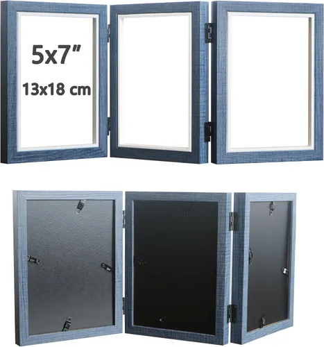 Vista 2 de Trifold Picture Frame 5x7 Blue Photo Collage Frame Hinged Triple Foldable Frame Blue for Tabletop Desk Display Gift for Mother, Friend