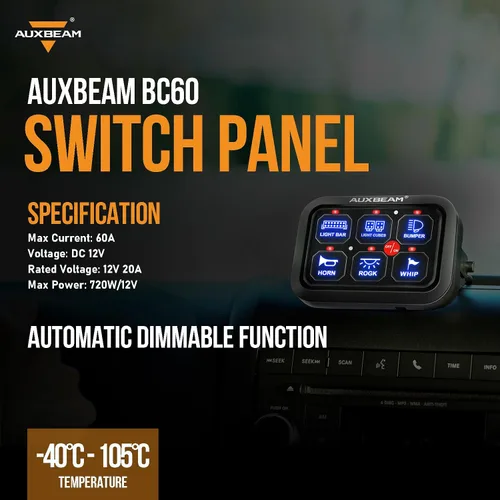 Vista 8 de Auxbeam Panel de interruptor de 6 bandas BC60 Sistema de relé de control de circuito universal, interruptor LED regulable automático, panel