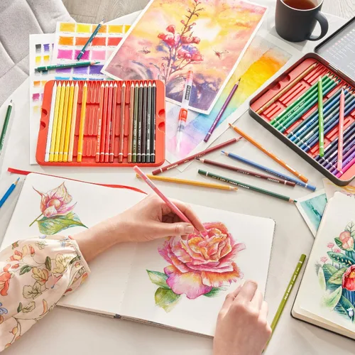 Vista 7 de Arteza - Lápices de acuarela, 48 lápices de dibujo coloreados para artistas, lápices de acuarela en caja de metal, suministros de arte