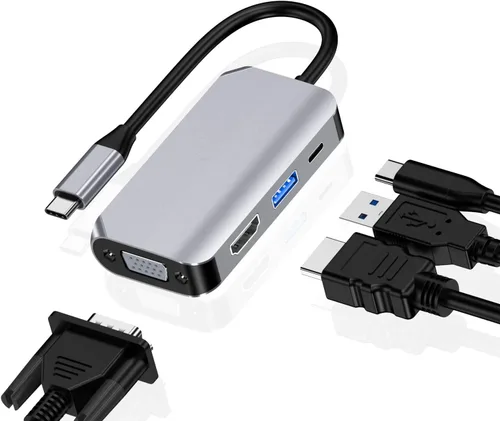 Vista 8 de Concentrador adaptador USB C, 4 en 1 USB tipo C a HDMI 4K, VGA, USB3.0 y USB-C PD multipuerto estación de acoplamiento compatible con dispositivos 4