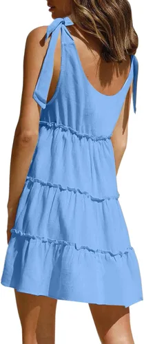 Vista 5 de AIMCOO Vestido sin mangas con lazo en el hombro para mujer, con volantes, cuello en V, cintura alta, suelto, vestido de babydoll liso