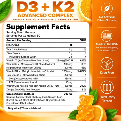 Vista 2 de Nextdia - Gomitas de vitamina D3 K2 MK7 5000IU con magnesio y zinc para adultos
