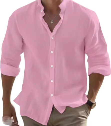 Vista 8 de Camisas de algodón para hombre, de manga larga, con botones, con cuello liso, camisetas casuales para la playa