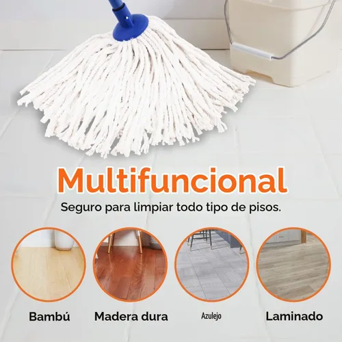 Vista 4 de Superio Trapeador de hilo de algodón para limpieza de pisos de madera dura para el hogar, cocina, baño, limpieza de oficina, azul resistente