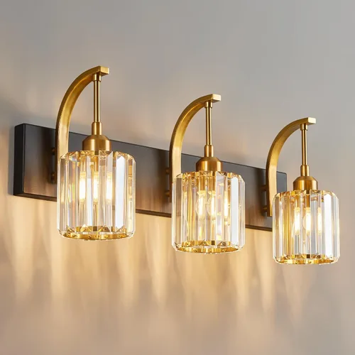 Vista 45 de Luces de tocador de cristal de 3 luces negras para tocador de baño, modernas lámparas de baño de cristal sobre espejo de 23.62 pulgadas de largo