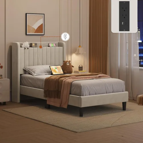 Vista 9 de Yaheetech Base de cama de plataforma doble, cabecera lateral tapizada con estación de carga USB y estante de almacenamiento, soporte de listones