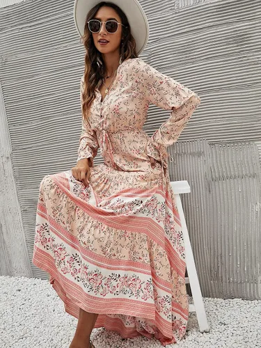 Vista 5 de Floerns Vestido largo de manga larga con cuello en V y estampado floral para mujer