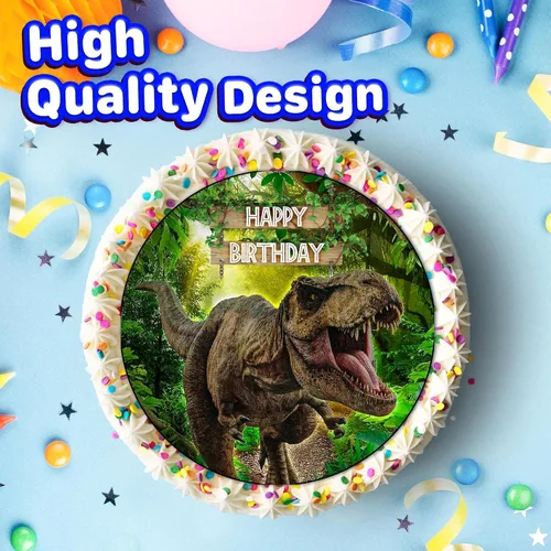 Vista 2 de Decoración comestible para tartas de 7.5 pulgadas, colección de fiesta de cumpleaños con temática de dinosaurios y aventuras, decoraciones