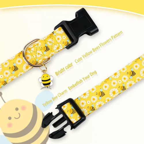 Vista 4 de PREHAI Collar de Algodón Lindo para Perros Pequeños, Medianos y Grandes, Diseño Especial Collar Amarillo Lindo de Abeja para Perros Chicos y Niñas