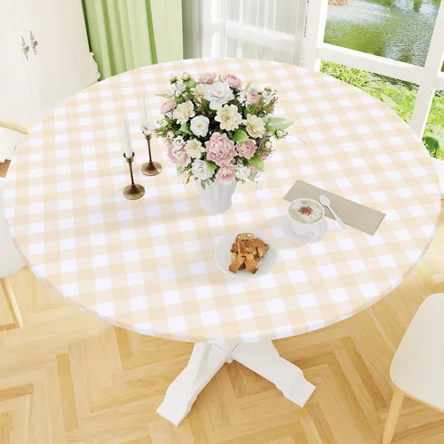 Vista 15 de Smiry - Mantel redondo de picnic de vinilo elástico impermeable con respaldo de franela, mantel de vinilo ajustable para mesas de 31-35 pulgadas