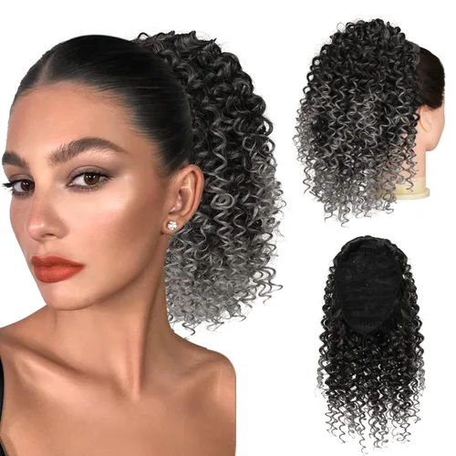 Vista 8 de PEACOCO Cola de caballo afro rizada con cordón para mujeres negras, extensiones de cola de caballo afro de 6 pulgadas, cabello sintético con 2 1b