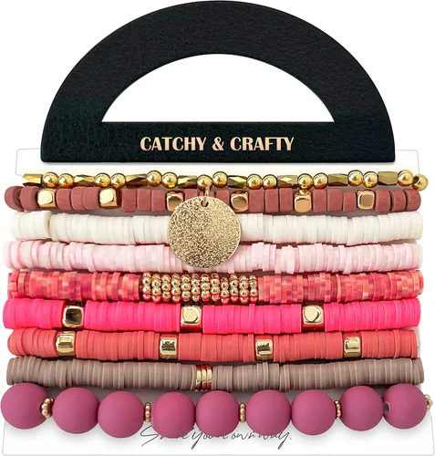Vista 2 de CATCHY & CRAFTY 9 pulseras Heishi de varias capas con cuentas de arcilla de vinilo, apilables, elásticas, para mujeres, regalo para el día